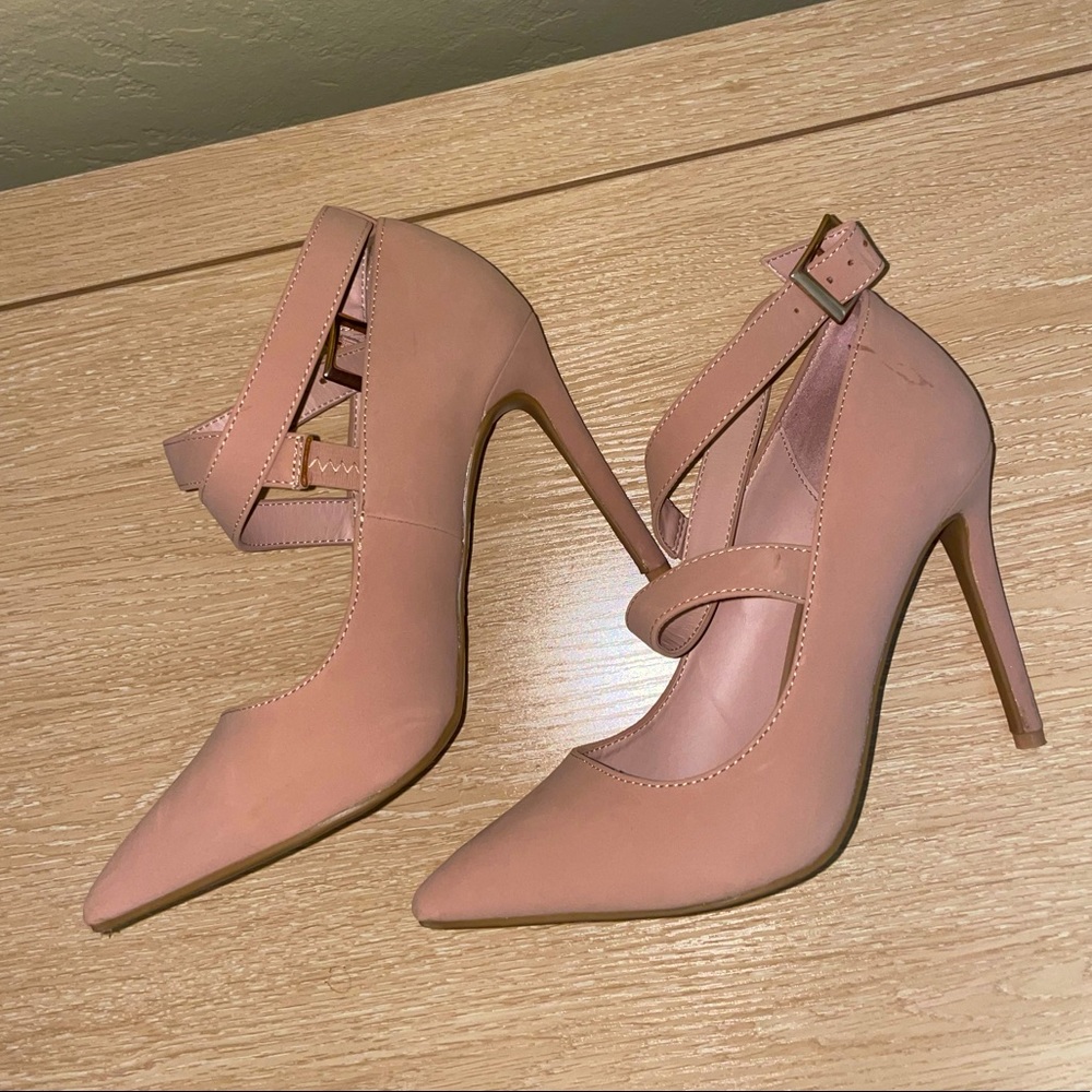 Anne Michelle Brown Suede Ankle Strap Pumps